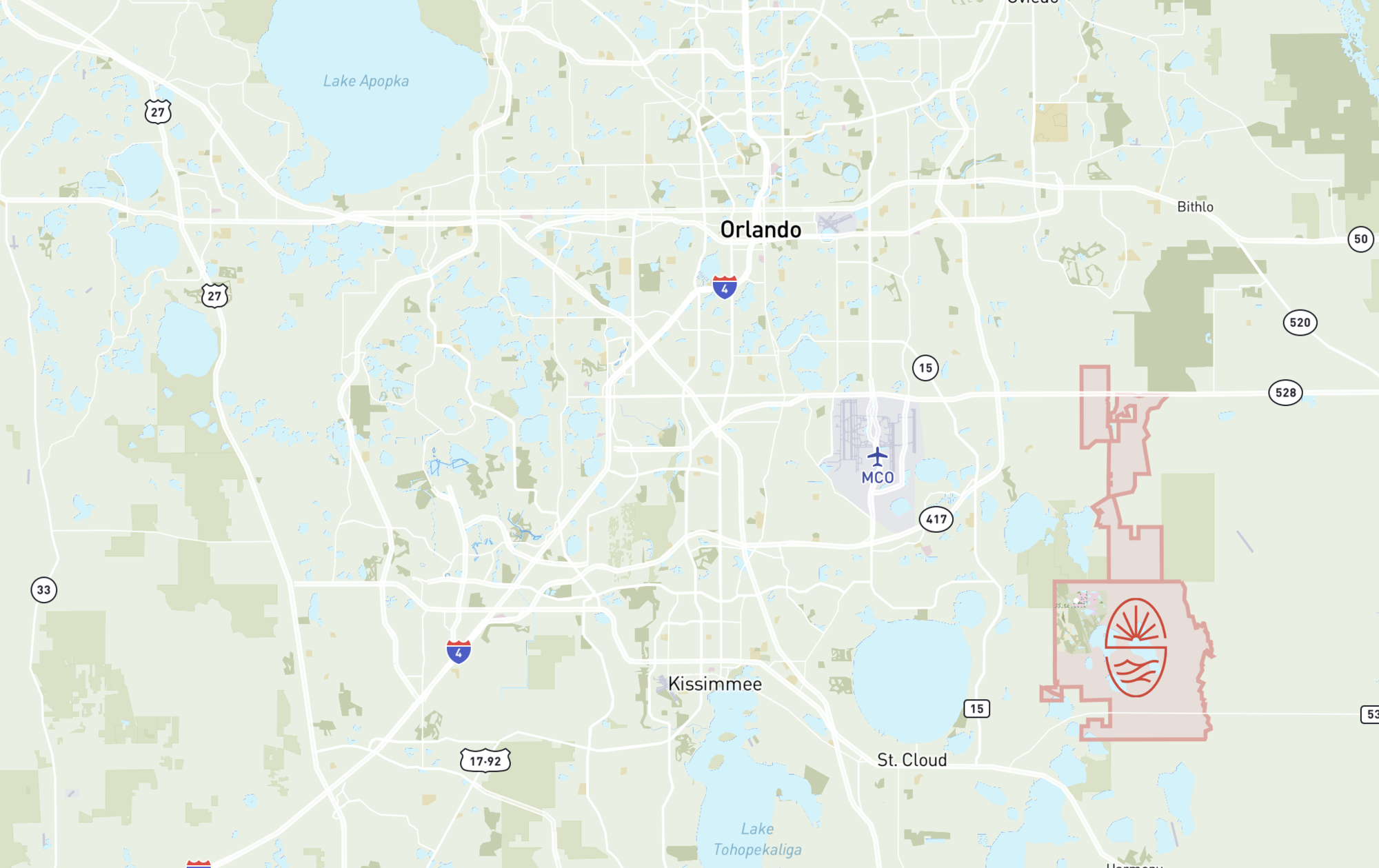 sunbridge community highlighted on the orlando map